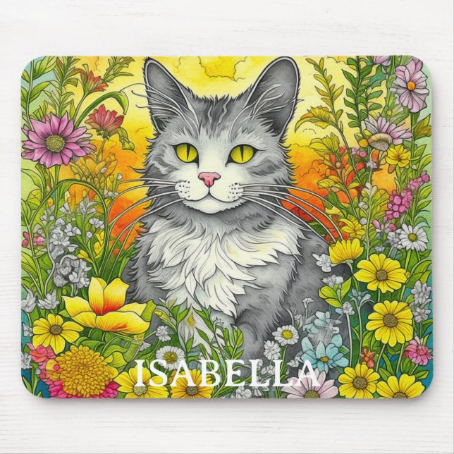 Mousepad Gato Whimsical Personalizado e Flores (Frente)