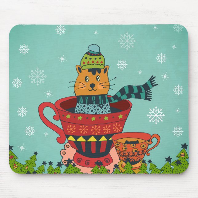 Mousepad Gato Whimsso Sentado em um Natal Teacup (Frente)
