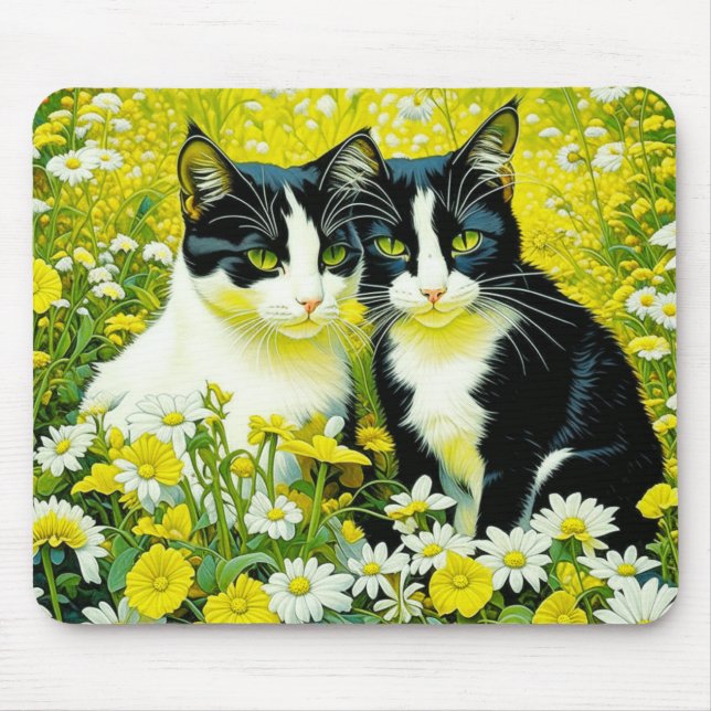 Mousepad Gatos Adoráveis sentados em um campo de Daisies (Frente)