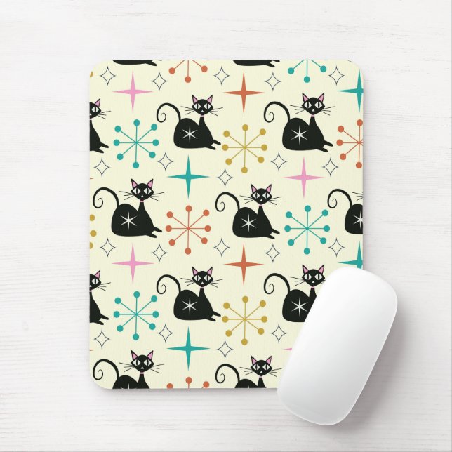 Mousepad Gatos Atômicos Pretos de Meados do Século com Estr (Com mouse)