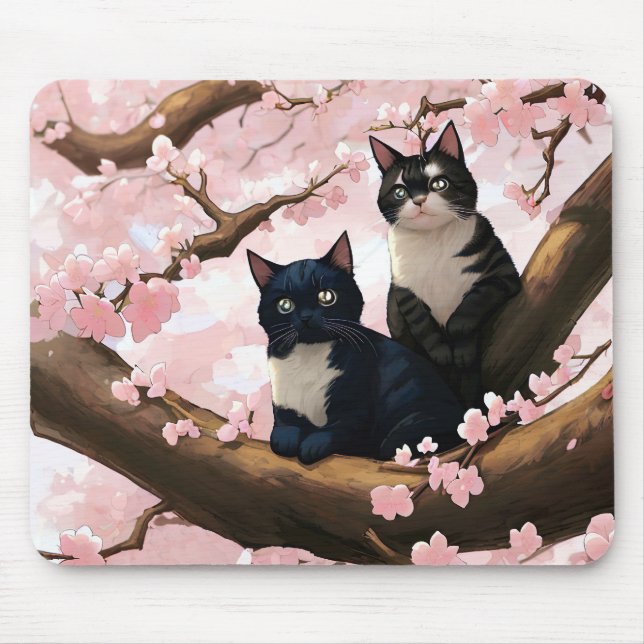 Mousepad Gatos Bonitos Numa Árvore De Flor De Cereja (Frente)