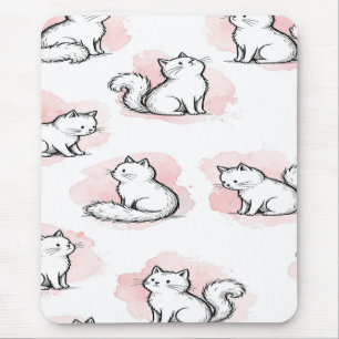Mousepad Gatos Brancos Fofos Padrão Aquarela Rosa Gato Kawa