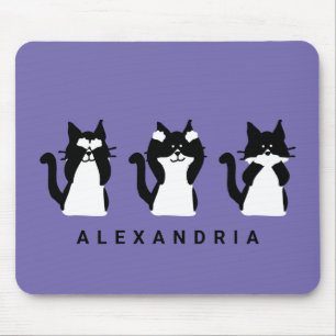 Mousepad Gatos Brancos Pretos   Três Gatinhos Sábios Roxo
