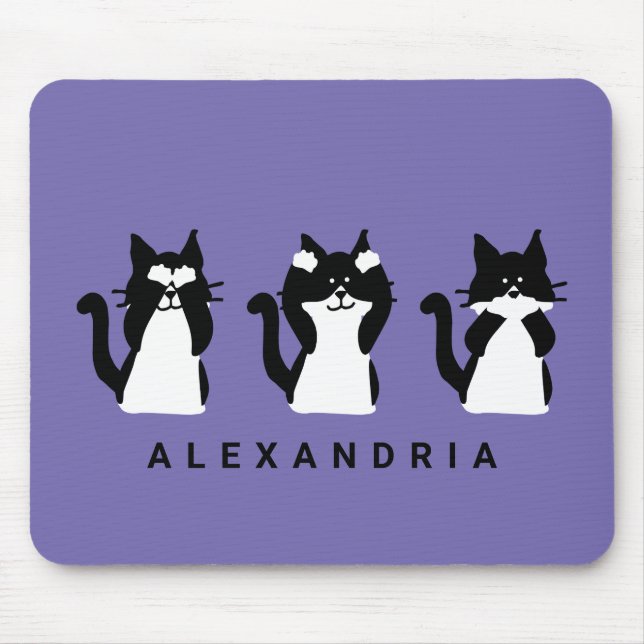 Mousepad Gatos Brancos Pretos | Três Gatinhos Sábios Roxo (Frente)