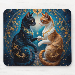 Mousepad Gatos Celestiais em Arte Cósmica com Ouro e Azul