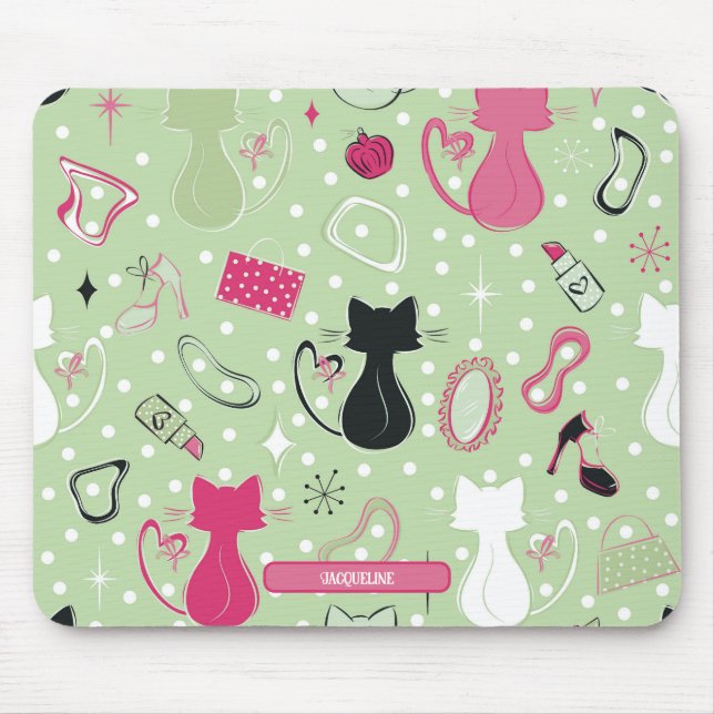 Mousepad Gatos Coração Verde de Meados do Século (Frente)