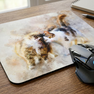 Mousepad Gatos de Aquarela Se Aninhando em Arte Abstrata Su