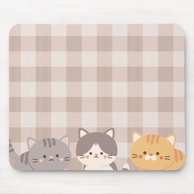 Mousepad Gatos De Gatinhos De Xadrez Castanho Mínimo (Frente)