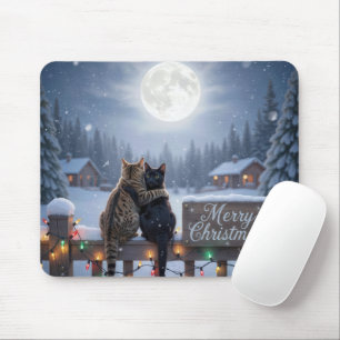 Mousepad Gatos de Natal se Abraçando em uma Cerca Coberta d