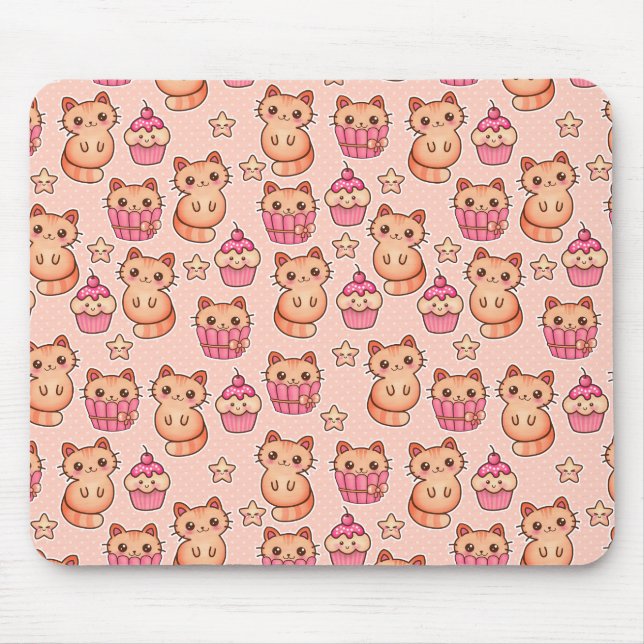 Mousepad Gatos e Cupcakes Cutes Cons e Padrões Rosa (Frente)