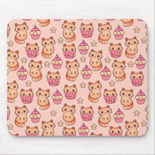 Mousepad Gatos e Cupcakes Cutes Cons e Padrões Rosa Kawaii
