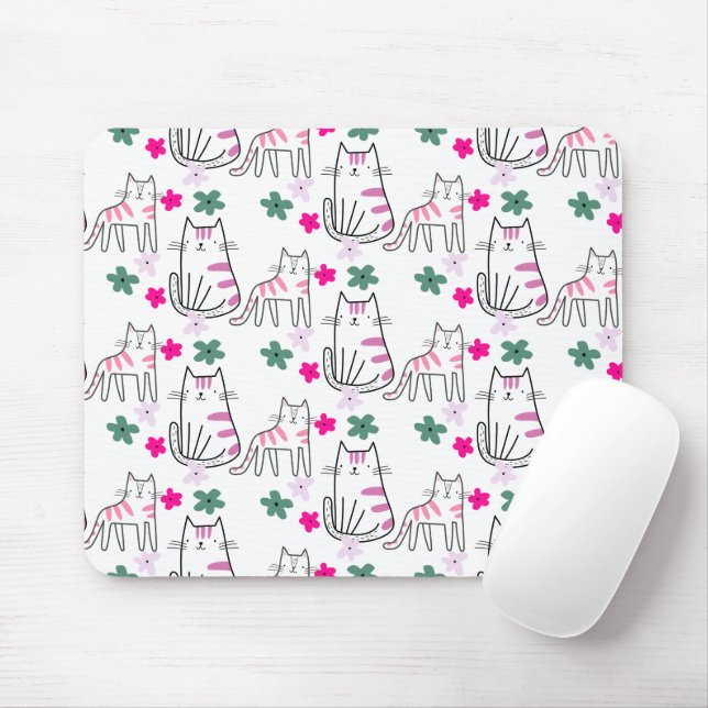 Mousepad Gatos e flores em branco (Com mouse)