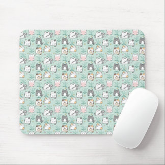 Mousepad Gatos e Padrões de Flor Cute Kawaii - Fundo Verde