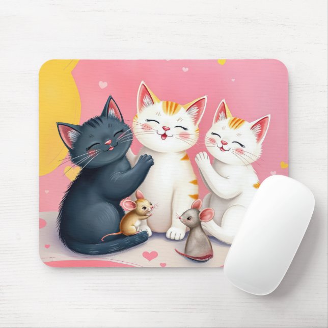 Mousepad Gatos e Ratos de Arte Kawaii (Com mouse)