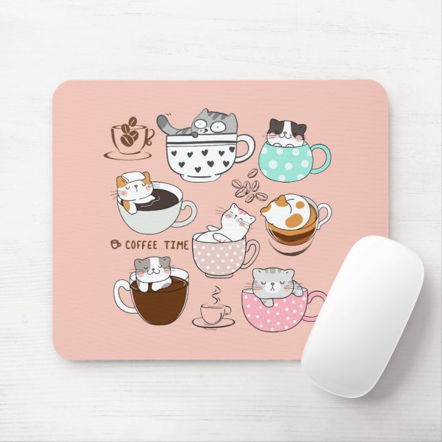Mousepad Gatos em Xícaras de Café (Com mouse)