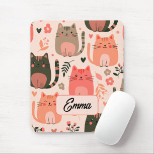 Mousepad Gatos Fofos e Padrão Floral Monograma Personalizad