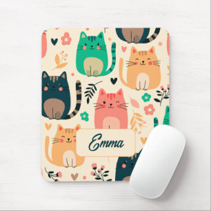Mousepad Gatos Fofos e Padrão Floral Monograma Personalizad
