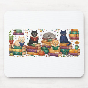 Mousepad Gatos Lendo Livros Cena Aconchegante de Biblioteca