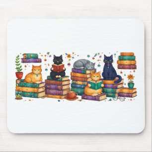 Mousepad Gatos Lendo Livros Cena de Biblioteca Aconchegante