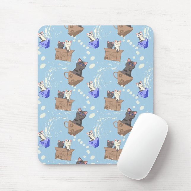 Mousepad Gatos na caixa e leite cai em azul (Com mouse)