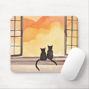 Mousepad Gatos na Janela Silhueta de Aquarela do Pôr do S