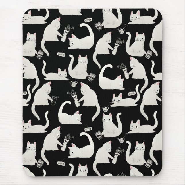 Mousepad Gatos ruins batendo as coisas, Gatos brancos em pr (Frente)