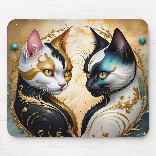 Mousepad Gatos Yin-Yang com Elementos Cósmicos Mágicos (Frente)