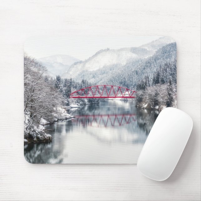 Mousepad Gelo e neve | Ponte vermelha no inverno, Japão (Com mouse)