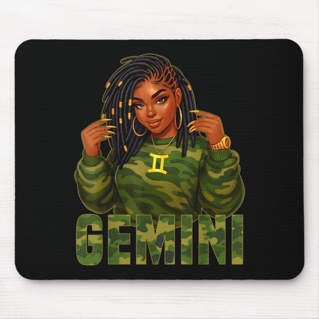 Mousepad Gemini Queen Loc'd Black Woman Camo Zodiac Sign  (Frente)