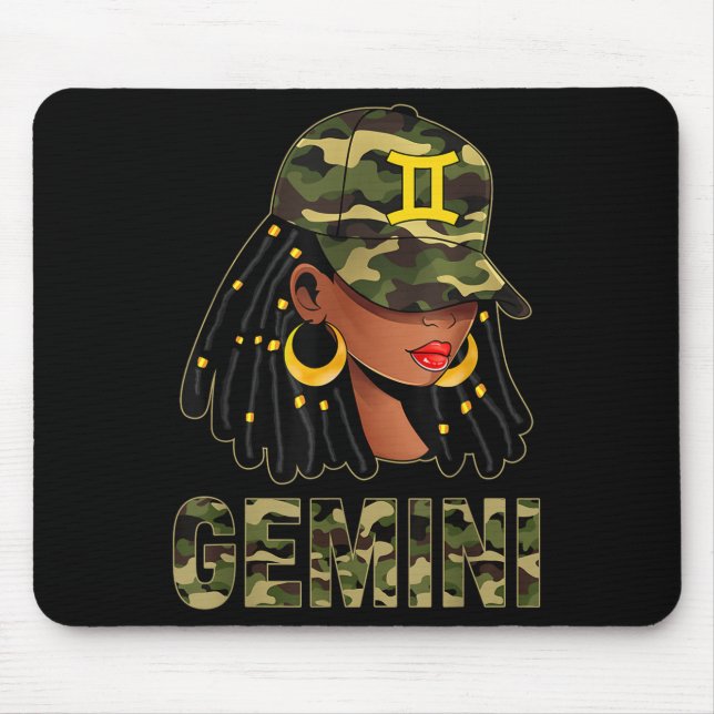 Mousepad Gemini Queen Loc'd Hair Black Woman Camo Cap Zodia (Frente)