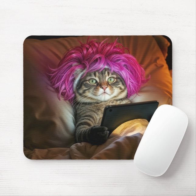 Mousepad Gen Z Cat Staring an Electronic Tablet In Bed (Com mouse)