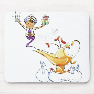 Mousepad Génios que trazem uma casa e presentes de uma