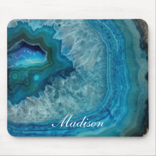 Mousepad Geodo de Ágata Azul Turquesa Monograma Nome