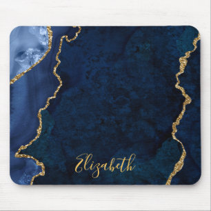 Mousepad Geodo de Agato de Marble Dourado Azul de Cor Água