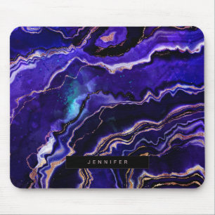 Mousepad Geodo de Aquarela Azul Profundo Rosa Roxo Agato Do