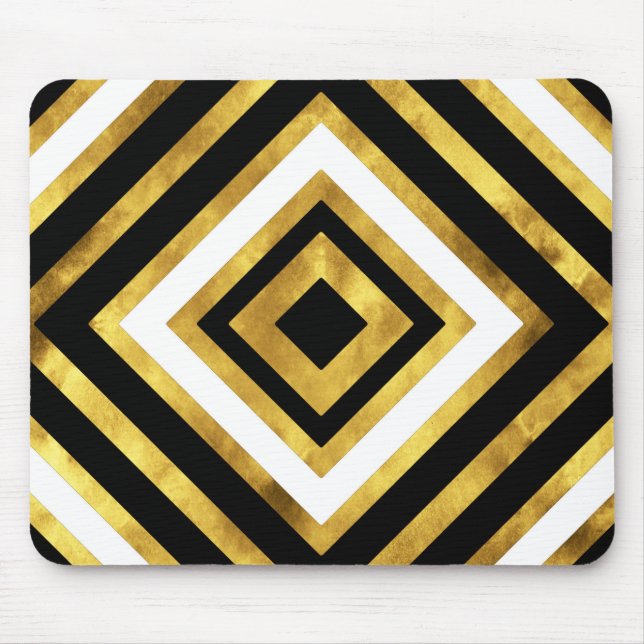 Mousepad Geométrico Dourado de Diamante Preto e Branco (Frente)