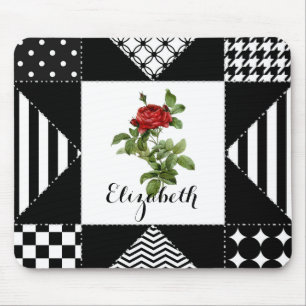 Mousepad Geométrico preto e branco, com Rosa vermelha e nom