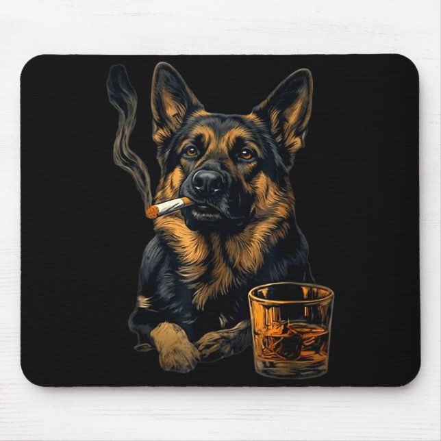 Mousepad German Shepherd Dog Smoking Cigarette Whisky Lover (Frente)