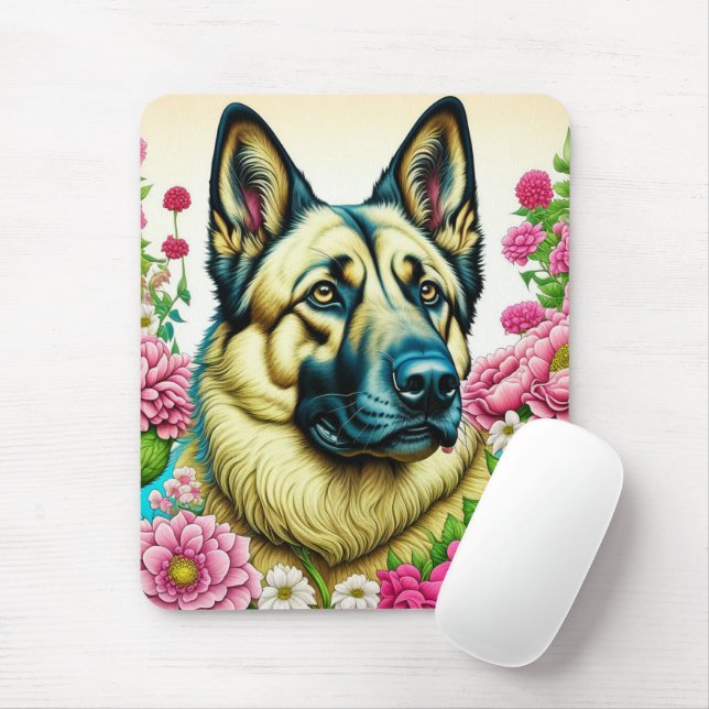 Mousepad German shepherd personalizado e flores de Whimsica (Com mouse)