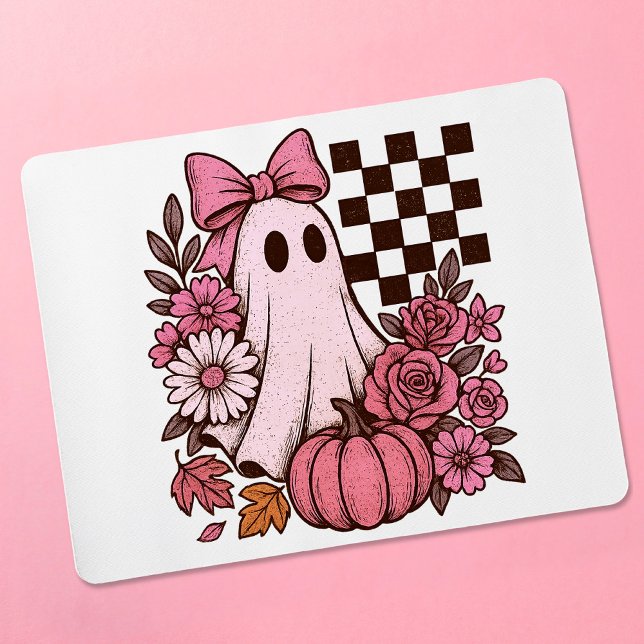 Mousepad Ghost Girl retrorada cor-de-rosa com Arco Hallowee (This coquette ghost retro Halloween design combines floral sweetness with spooky spirit.)