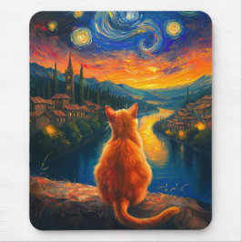 Mousepad Ginger Cat Contemplativo | Starry Night Sky Art