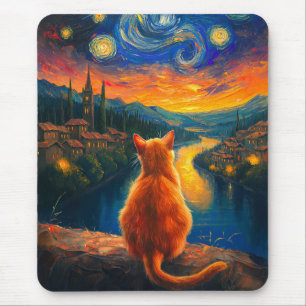 Mousepad Ginger Cat Contemplativo Starry Night Sky Art
