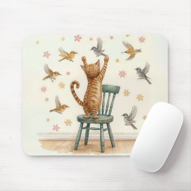 Mousepad Ginger Cat Pegando um Pássaro no Wallpaper (Com mouse)