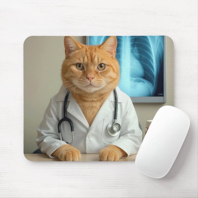 Mousepad Ginger Cat Wearing a Doctor Lab Coat (Com mouse)