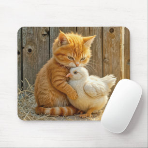 Mousepad Ginger Kitten abraçando um Pintinho de bebê