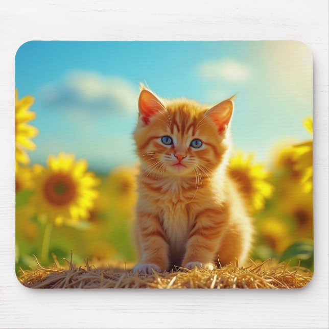 Mousepad Ginger Kitten Adorável no Campo dos Girassóis (Frente)