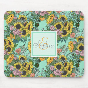 Mousepad Girassóis amarelos da moda e design de rosas cor-