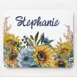 Mousepad Girassóis Amarelos Nome Floral Azul Naval 