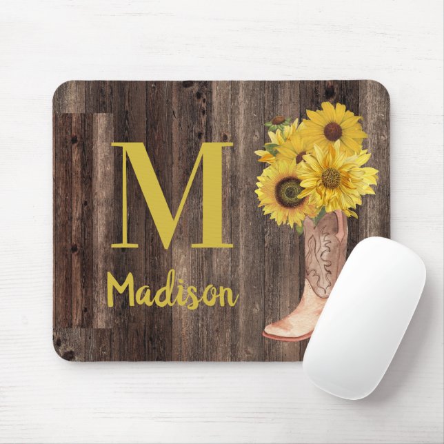 Mousepad Girassóis Cowgirl Boots Monograma Russo de Madeira (Com mouse)