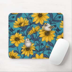 Mousepad Girassóis selvagens e aves douradas/ amarelas